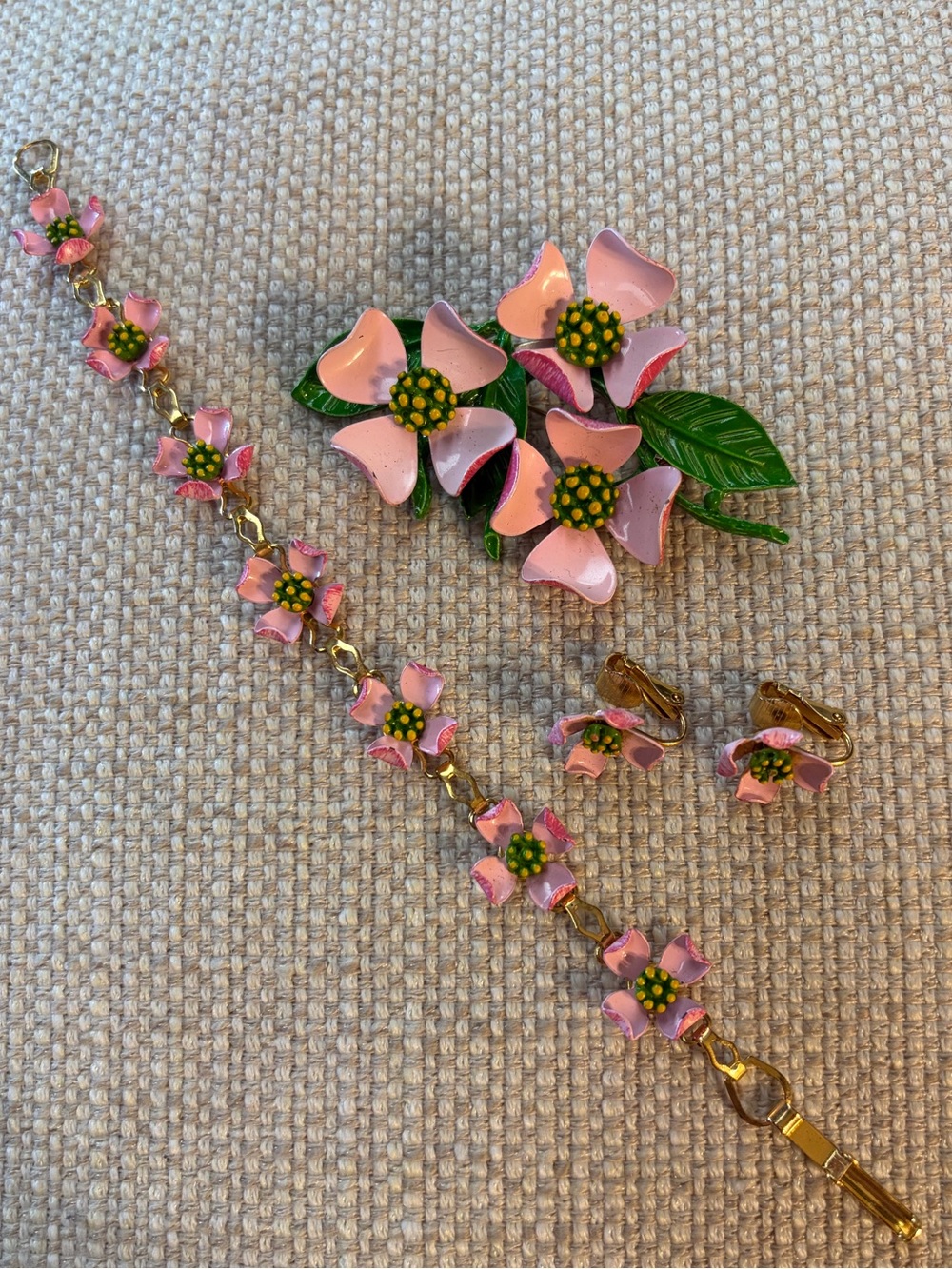 Vintage Dogwood Flower Pink & Green Enamel Jewelry Set